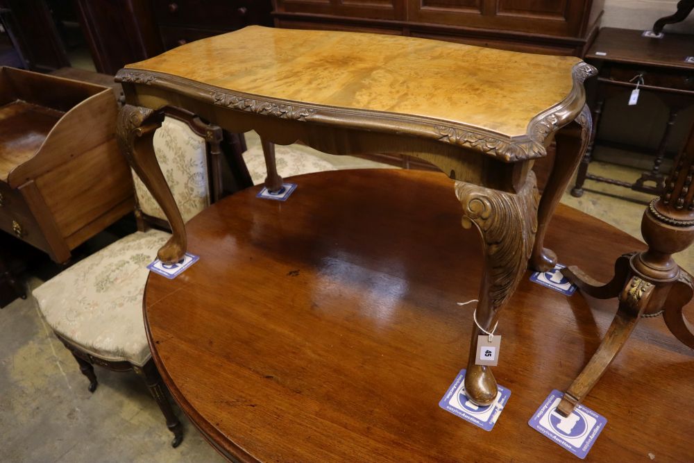 A brass mounted walnut tripod wine table and a Queen Anne style walnut low table, tripod table diameter 34cm height 75cm